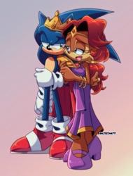 Size: 1011x1332 | Tagged: safe, artist:artsriszi, sally acorn, sonic the hedgehog, duo, mobius: 25 years later, shipping, sonally
