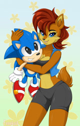 Size: 1024x1604 | Tagged: safe, artist:feneksia, sally acorn, sonic the hedgehog, duo, holding something, stuffed animal