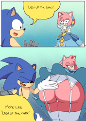 Size: 2894x4093 | Tagged: suggestive, amy rose, nimue, sonic the hedgehog, sonic and the black knight, ass, big butt, black eyes, bootyfull amy, butt, dress, duo, headband, huge ass, lady of the lake, smirk, smug