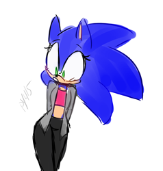 Size: 1816x1906 | Tagged: safe, artist:pyupew, sonic the hedgehog, hedgehog, 2015, blushing, crop top, female, hands behind back, jacket, looking down, modern sonic, mouth open, pants, signature, simple background, solo, trans female, trans girl sonic, transgender, white background