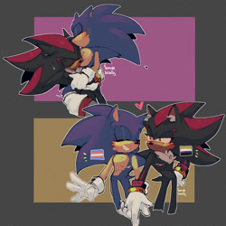 Size: 2000x2000 | Tagged: safe, artist:sourfrootz, shadow the hedgehog, sonic the hedgehog, hedgehog, abstract background, blushing, cheek fluff, chest fluff, clenched teeth, duo, eyes closed, hand on hip, heart, holding hands, kiss on head, lidded eyes, looking at them, nonbinary, nonbinary pride, outline, shadow x sonic, shipping, sitting on them, smile, standing, sweatdrop, top surgery scars, trans boy sonic, trans male, trans pride, transgender