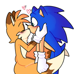 Size: 2048x2048 | Tagged: safe, artist:cbl-iee, miles "tails" prower, sonic the hedgehog, aged up, blushing, colored ears, duo, exclamation mark, eyes closed, gay, hands on another's face, heart, kiss, male, males only, older, shipping, simple background, sitting, sonic x tails, standing, white background