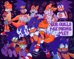 Size: 2048x1629 | Tagged: safe, artist:cbl-iee, miles "tails" prower, sonic the hedgehog, arms folded, black background, crossdressing, dialogue, drink, drinking, duo, ear fluff, gay, hand on another's head, heart hands, horn sign, lidded eyes, looking at something, looking at them, male, males only, miles electric, petals, question mark, riding on back, shipping, simple background, skirt, smile, sonic x tails, standing, sweatdrop, sweater, tongue out, walking