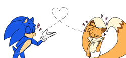 Size: 2048x947 | Tagged: safe, artist:chickenschnitczels, miles "tails" prower, sonic the hedgehog, aged up, blowing a kiss, colored ears, duo, eyes closed, flat colors, floppy ears, gay, hand on own arm, heart, modern sonic, modern tails, older, shipping, simple background, smile, sonic x tails, standing, white background