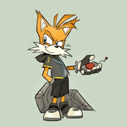 Size: 1200x1200 | Tagged: safe, artist:professionalhacker1010, miles "tails" prower, nine, sonic prime, controller, cyborg, ear fluff, green background, hand in pocket, holding something, looking offscreen, mischievous, prosthetic, simple background, smile, solo, standing