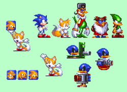 Size: 836x604 | Tagged: safe, artist:coolestfuckeraround, battle lord kukku xv, dr. fukurokov, knuckles the echidna, miles "tails" prower, nack the weasel, sonic the hedgehog, speedy, 16-bit, 2021, green background, group, holding something, male, males only, simple background, sonic the hedgehog 3, sprite, standing, tails adventure