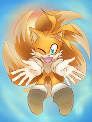 Size: 900x1200 | Tagged: safe, artist:skylerf0x, miles "tails" prower, 2017, abstract background, flying, looking at viewer, modern tails, mouth open, reaching towards the viewer, smile, solo, spinning tails, wink