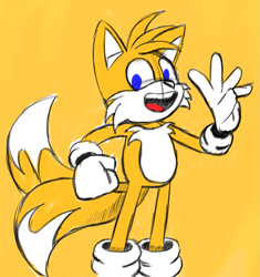 Size: 1329x1411 | Tagged: safe, artist:sonicbot, miles "tails" prower, sonic adventure, 2017, clenched fist, looking at viewer, modern tails, mouth open, simple background, sketch, smile, solo, standing, waving, yellow background, youtube link in description