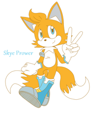 Size: 600x800 | Tagged: safe, artist:misia321111, skye prower, 2016, arm band, character name, chest fluff, clenched fist, english text, flat colors, looking up, simple background, smile, solo, standing on one leg, two tails, v sign, white background