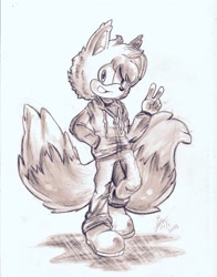 Size: 1700x2171 | Tagged: safe, artist:pandalana, skye prower, fox, 2015, ear fluff, fluffy, grey background, greyscale, hand in pocket, jacket, monochrome, mouth open, older, pants, simple background, smile, solo, standing, teenager, two tails, v sign
