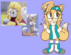 Size: 1600x1245 | Tagged: safe, artist:reinadecorazonez, miles "tails" prower, skye prower, zooey the fox, oc, oc:skye prower, 2022, alternate universe, blue background, blushing, boots, child, dress, eyelashes, female, gender swap, goggles on head, hands behind back, looking up, parent:tails, parent:zooey, parents:tailsey, redesign, simple background, smile, solo focus, sonic boom (tv), standing, trio