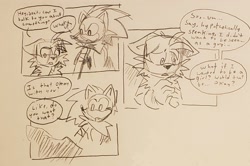 Size: 1541x1026 | Tagged: dead source, safe, artist:redbuddi, miles "tails" prower, sonic the hedgehog, 2019, bandana, comic, dialogue, duo, english text, floppy ears, hands together, modern sonic, modern tails, mouth open, one fang, sketch, speech bubble, talking, traditional media, trans female, trans girl tails, transgender