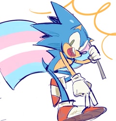 Size: 869x905 | Tagged: safe, artist:r0b0t1m3, sonic the hedgehog, 2019, flag, holding something, looking at viewer, male, modern sonic, mouth open, pride flag, running, simple background, smile, solo, top surgery scars, trans male, trans pride, transgender, v sign, white background