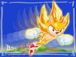Size: 2048x1536 | Tagged: safe, artist:pezadriarts, sonic the hedgehog, super sonic, sonic the hedgehog 2, 2022, abstract background, clenched teeth, flying, frown, island, looking ahead, ocean, red eyes, signature, solo, super form, westside island