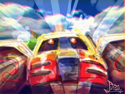 Size: 2048x1536 | Tagged: safe, artist:pezadriarts, e-123 omega, sonic heroes, 2022, abstract background, clouds, genderless, looking up, robot, seaside hill, signature, solo