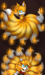 Size: 2000x3361 | Tagged: safe, artist:cyngawolf, miles "tails" prower, oc, oc:tailsko (tasp), 2022, breathing fire, brown background, duo, female, fire, flame, gender swap, glowing eyes, kitsune, male, modern tails, nine tails, simple background