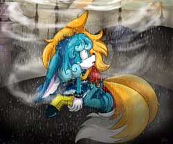 Size: 3000x2500 | Tagged: safe, artist:cyngawolf, kit the fennec, miles "tails" prower, oc, oc:hurrikit, oc:tailsko (tasp), 2023, abstract background, alternate ending, crying, duo, female, females only, floppy ears, gender swap, hugging, kneeling, looking up, modern tails, mouth open, outdoors, rain, scene interpretation, shocked, shrunken pupils