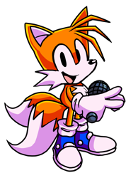 Size: 500x701 | Tagged: safe, artist:officialgrimbo, miles "tails" prower, 2021, blue shoes, friday night funkin, holding something, looking at viewer, microphone, modern tails, mouth open, simple background, smile, solo, standing, transparent background, v sign