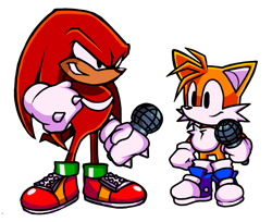 Size: 779x637 | Tagged: safe, artist:officialgrimbo, knuckles the echidna, miles "tails" prower, 2021, blue shoes, chest fluff, clenched fists, clenched teeth, duo, friday night funkin, height difference, holding something, looking offscreen, male, males only, microphone, simple background, smile, standing, white background