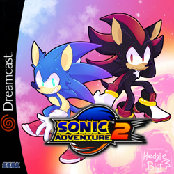 Size: 1500x1500 | Tagged: safe, artist:hedgieblur, shadow the hedgehog, sonic the hedgehog, sonic adventure 2, 2021, abstract background, arm fluff, box art, dreamcast logo, duo, english text, frown, logo, looking at viewer, modern sonic, redraw, sega logo, smile