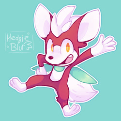 Size: 1600x1600 | Tagged: safe, artist:hedgieblur, chip, sonic unleashed, 2021, arm up, hand on hip, leg fluff, looking at viewer, male, mouth open, one fang, orange eyes, signature, simple background, smile, solo, turquoise background, unknown species