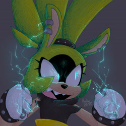 Size: 2400x2400 | Tagged: safe, artist:hedgieblur, surge the tenrec, 2022, clenched fists, close-up, electricity, female, glowing eyes, grey background, mouth open, sharp teeth, signature, simple background, smile, solo