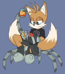 Size: 1280x1475 | Tagged: safe, artist:toydrill, miles "tails" prower, nine, sonic prime, 2022, blue background, ear fluff, fizzy soda can, frown, holding something, lidded eyes, looking at something, nine tails, shirt, shorts, signature, simple background, sitting, solo
