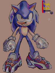 Size: 1774x2355 | Tagged: safe, artist:shootyrefutey, sonic the hedgehog, sonic prime, 2023, beige background, clenched fists, clenched teeth, english text, looking ahead, male, modern sonic, signature, simple background, smile, solo, sparkles, standing