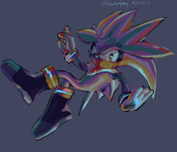 Size: 1714x1469 | Tagged: safe, artist:shootyrefutey, silver the hedgehog, sonic the hedgehog (2006), 2021, arms out, chest fluff, flying, frown, looking at viewer, mid-air, neck fluff, purple background, redraw, signature, simple background, solo