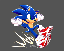 Size: 1024x813 | Tagged: safe, artist:danielasdoodles, sonic the hedgehog, sonic prime, 2021, arms out, breaking, clenched fists, grey background, looking offscreen, modern sonic, signature, simple background, smile, solo