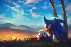 Size: 1500x1000 | Tagged: safe, artist:mylafox, sonic the hedgehog, abstract background, bandana, grass, lineless, scenery, solo, tree