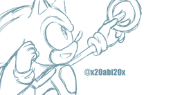 Size: 2330x1282 | Tagged: safe, artist:x20abi20x, sonic the hedgehog, sonic prime, 2022, clenched fist, holding something, looking at something, modern sonic, monochrome, mouth open, ring, simple background, sketch, smile, solo, standing, white background