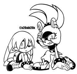 Size: 1469x1413 | Tagged: safe, artist:x20abi20x, kit the fennec, surge the tenrec, 2022, black and white, clenched teeth, duo, female, hand on own head, hands on ground, hypnosis, kneeling, looking at viewer, male, monochrome, mouth open, sharp teeth, signature