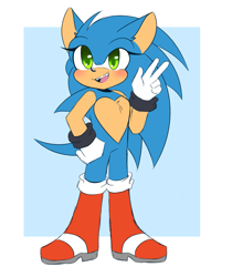 Size: 1567x1863 | Tagged: safe, artist:syrcaii, sonic the hedgehog, 2022, abstract background, au:resonance, blushing, chest fluff, cute, ear fluff, eyelashes, hand on hip, heart chest, looking up, mouth open, nonbinary, smile, solo, sonabetes, standing, v sign