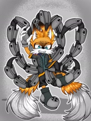 Size: 1536x2048 | Tagged: safe, artist:artistanelly, miles "tails" prower, nine, sonic prime, 2023, abstract background, angry, clenched teeth, colored ears, ear fluff, frown, holding something, leg up, lidded eyes, looking at viewer, solo