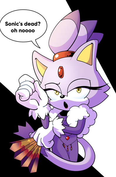 Size: 2260x3429 | Tagged: safe, artist:thenovika, blaze the cat, cat, the murder of sonic the hedgehog, abstract background, blaze's industrial dress, dialogue, fan, featured image, female, holding something, lidded eyes, mouth open, solo, speech bubble, text