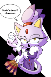 Size: 2260x3429 | Tagged: safe, artist:thenovika, blaze the cat, the murder of sonic the hedgehog, abstract background, blaze's industrial dress, dialogue, female, solo, text
