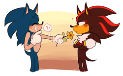 Size: 1934x1197 | Tagged: safe, artist:nightstreamarts, shadow the hedgehog, sonic the hedgehog, 2020, abstract background, arms folded, blushing, clenched teeth, duo, duo male, eyes closed, flower, frown, gay, holding something, lidded eyes, looking at them, male, males only, nervous, question mark, shadow x sonic, shipping, smile, sonabetes, standing