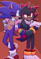Size: 1347x1928 | Tagged: safe, artist:eluxrayz, shadow the hedgehog, sonic the hedgehog, 2022, abstract background, arm around shoulders, arms folded, bisexual pride, duo, facepaint, gay, hand on hip, holding something, ice lolly, jacket, nonbinary, nonbinary pride, redraw, shadow x sonic, shipping, standing, top surgery scars, trans male, trans pride, transgender, wink