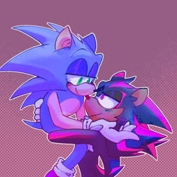 Size: 1000x1000 | Tagged: safe, artist:eluxrayz, shadow the hedgehog, sonic the hedgehog, blushing, carrying them, duo, gay, gradient background, lidded eyes, looking at each other, outline, shadow x sonic, shipping, smile