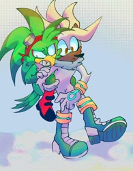 Size: 1039x1330 | Tagged: safe, artist:eluxrayz, jet the hawk, silver the hedgehog, abstract background, clenched teeth, crack shipping, daytime, duo, duo male, gay, looking down, male, males only, outdoors, riding on back, scared, silvet, snow, standing on one leg