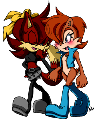 Size: 618x767 | Tagged: safe, artist:adadevoda, fiona fox, sally acorn, blushing, duo, duo female, eyes closed, female, females only, holding hands, lesbian, looking at them, mouth open, saliona, shipping, signature, simple background, smile, transparent background, walking