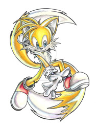 Size: 600x798 | Tagged: safe, artist:amaterasuomikami, miles "tails" prower, flying, looking down, older, posing, simple background, smile, solo, spinning tails, traditional media, white background