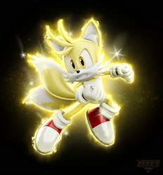 Size: 1436x1548 | Tagged: safe, artist:lixesprototype, miles "tails" prower, super tails, 3d, black background, flying, looking ahead, simple background, solo, sparkles, super form