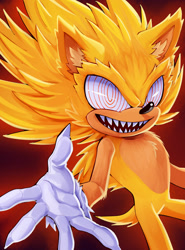 Size: 1280x1734 | Tagged: safe, artist:daxratchet, sonic the hedgehog, 2020, claws, evil, fleetway super sonic, flying, glowing, looking at viewer, male, messy fur, mouth open, outline, reaching towards the viewer, red background, sharp teeth, simple background, smile, solo, solo male, super form