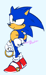Size: 640x1046 | Tagged: safe, artist:larrybooka, sonic the hedgehog, alternate version, blue background, eyelashes, holding something, looking ahead, male, ring, simple background, smile, solo, solo male, standing, top surgery scars, trans male, transgender