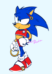 Size: 640x903 | Tagged: safe, artist:larrybooka, sonic the hedgehog, alternate version, badge, blue background, crop top, eyelashes, female, hair pin, holding something, looking ahead, pride pin, ring, shorts, simple background, smile, solo, solo female, standing, trans female, transgender