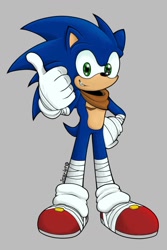 Size: 682x1024 | Tagged: safe, artist:scarlet stardust, sonic the hedgehog, clenched teeth, grey background, hand on hip, looking at viewer, male, signature, simple background, smile, solo, solo male, sonic boom (tv), standing, star (symbol), thumbs up, top surgery scars, trans male, transgender