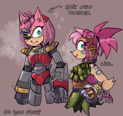 Size: 1693x1596 | Tagged: safe, artist:vilegato, amy rose, thorn rose, sonic prime, brown background, cyborg, duality, english text, female, frown, looking at viewer, one fang, rusty rose, simple background, smile, smoke, solo, solo female, sparkles, standing
