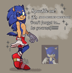 Size: 1800x1829 | Tagged: safe, artist:vilegato, sonic the hedgehog, chipped ear, english text, fangs, heart, looking offscreen, male, posing, shorts, simple background, smile, solo, solo male, sparkles, standing on one leg, top surgery scars, trans male, transgender, wink
